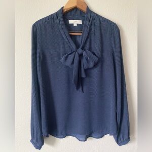 Loft Women’s Chiffon Tie Neck Long Sleeve Navy&White Polka Dot Blouse Size Small